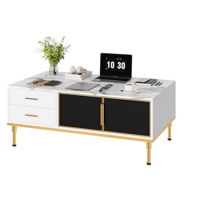 Faux Marble Coffee Table, Rectangle Fluted Cocktail Table with 4 Drawers, 4 Glass Doors, Modern Wooden Center Table with Metal Legs