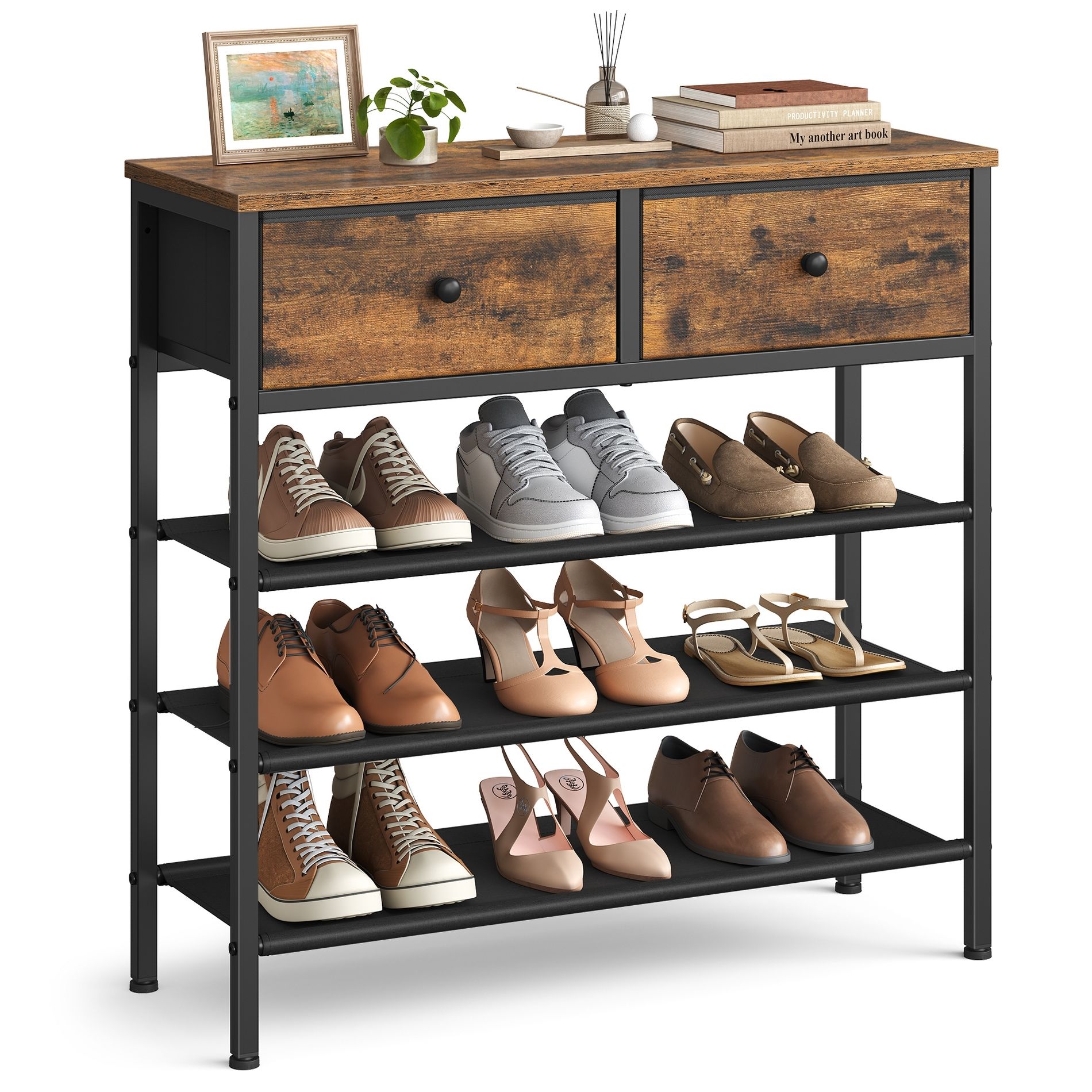 VASAGLE Shoe Rack, 4 Tier Shoe Storage Rack with 2 Fabric Drawers, Shoe Organizer, with 3 Fabric Shelves and Wooden Top, Steel Frame, Rustic Brown