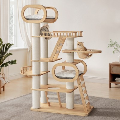 Modern Wooden Cat Tower,Beige,43.3" W × 23.62" D × 76.38" H