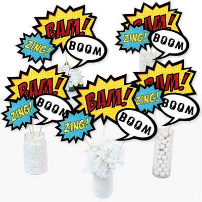 Big Dot of Happiness Bam Superhero - Baby Shower or Birthday Party Centerpiece Sticks - Table Toppers - Set of 15