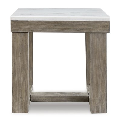 Light Brown Wood End Table with White Marble Top
