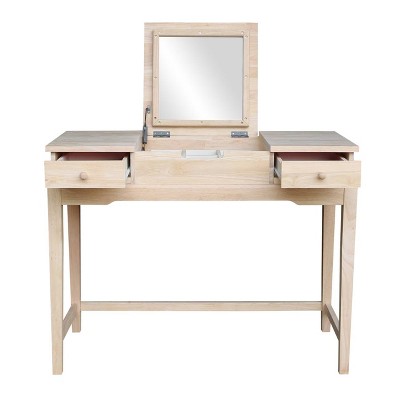 Classic Unfinished Rubberwood Vanity Table with Flip-Up Mirror