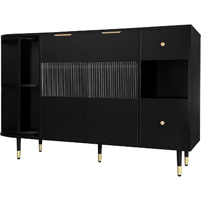 Rotating Storage Cabinet with 2 Drawers, 2 Doors, Built-in Shelves, 2-Tier Turntable and Metal Legs for Living Room, Hallway
