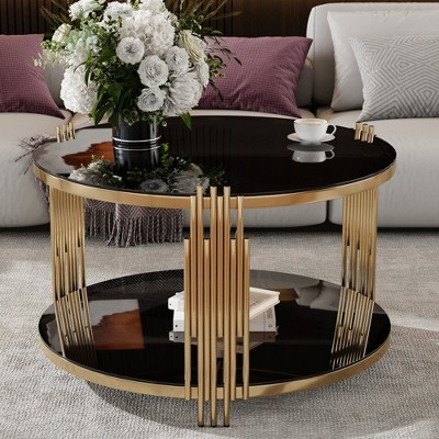 NicBex Modern Glass/Mirror Round Coffee Table with Lower Shelf,Asymmetrical Metal Drum Base,Center Table for Living Room