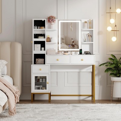 Makeup Vanity and Stool, Vanity Desk with Lights in 4 Colors, White Vanity Table with Charging Station, Visible Cabinet with Led Lights