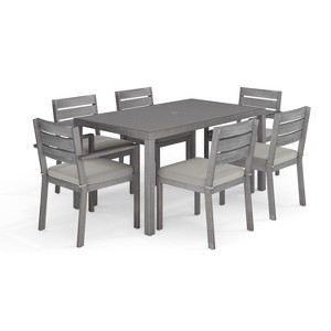 Martha Stewart Bedford Indoor-Outdoor Patio Set with 60" Table and 6 Dining Chairs with Brushed Woodgrain Aluminum Finish and All-Weather Seat Cushion - 1 of 4