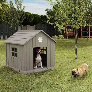 CAVINAS  Weatherproof Outdoor Dog House, 38" Ventilated Pet Shelter with Elevated Floor & Ground Anchors,Light Brown - 1 of 4