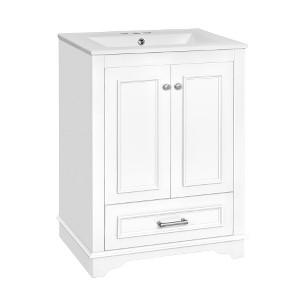 Akoasm 24.2 in. W Modern Ceramic Sink Combo Bathroom Vanity with Soft Closing Doors & Silver Handles-White - 1 of 4