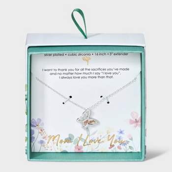 Silver Plated Two Tone "Mom" Cubic Zirconia Butterfly Pendant Necklace - Silver/Rose Gold