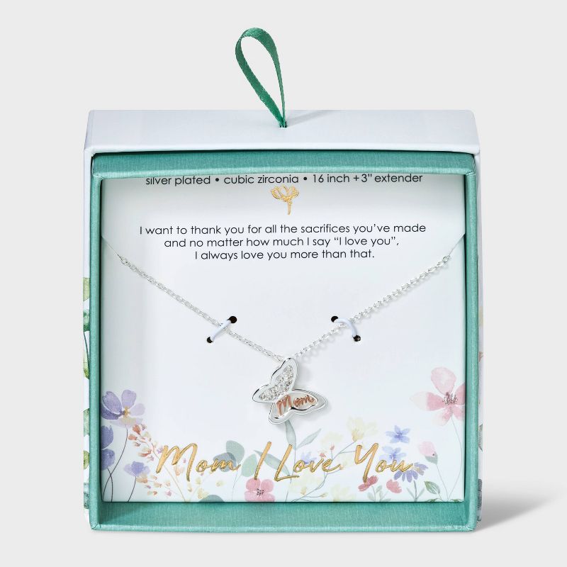 Silver Plated Two Tone &#34;Mom&#34; Cubic Zirconia Butterfly Pendant Necklace - Silver/Rose Gold, 1 of 5