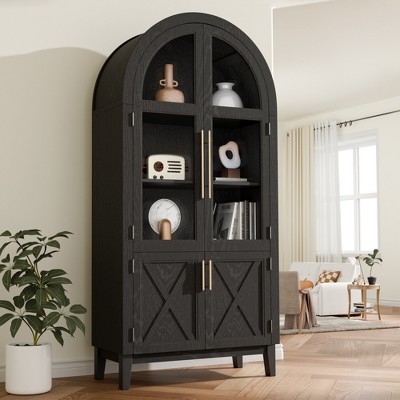 FONTOI Arched Tall Storage Cabinet, 5-Tier Arched Bookcase with Glass Doors, Black, 74.3"*36"*17.5"