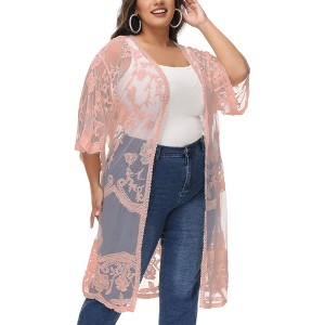 Anna-Kaci Women's Plus Size Lace Cardigan Short Sleeve Open Front Floral Crochet Long Duster - 1 of 4