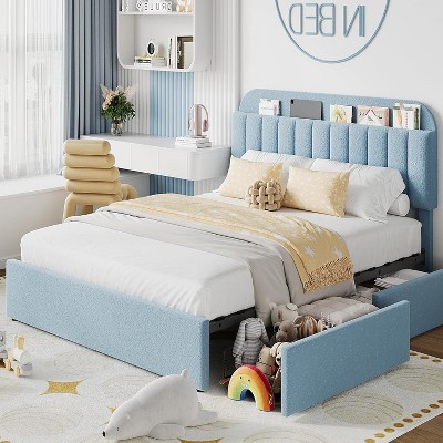 Kids Boucle Upholstered Bed Frame with Bookcase Headboard and 2 Storage Drawers, Noise-Free Platform Bed