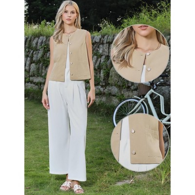 INSPIRE CHIC Women's Sleeveless Button Down Crew Neck Trendy Business Casual Waistcoat Large Khaki — фото 3