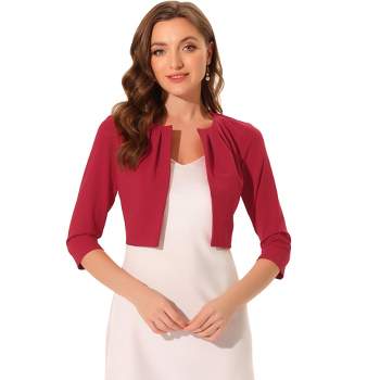 Allegra K Women's 3/4 Sleeve Collarless Pleated Open Front Cropped Cardigan