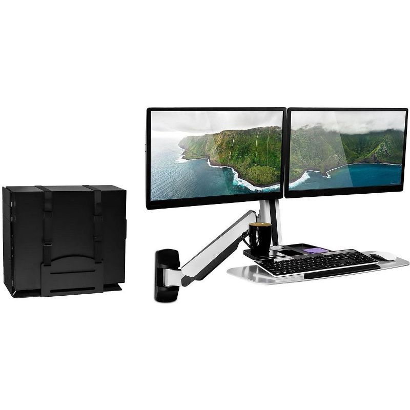 Mount-It! Sit Stand Dual Monitor Wall Mount Workstation & Stand Up Computer Station with Articulating Keyboard Tray Arm and CPU Holder, 1 of 12