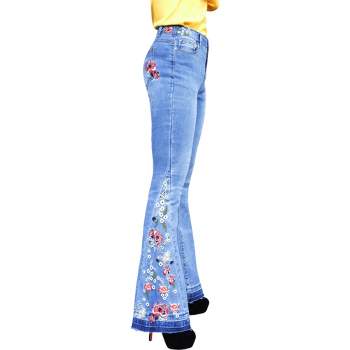 Anna-Kaci Women's Floral Daisy Embroidered Mid Rise Bell Bottom Jeans