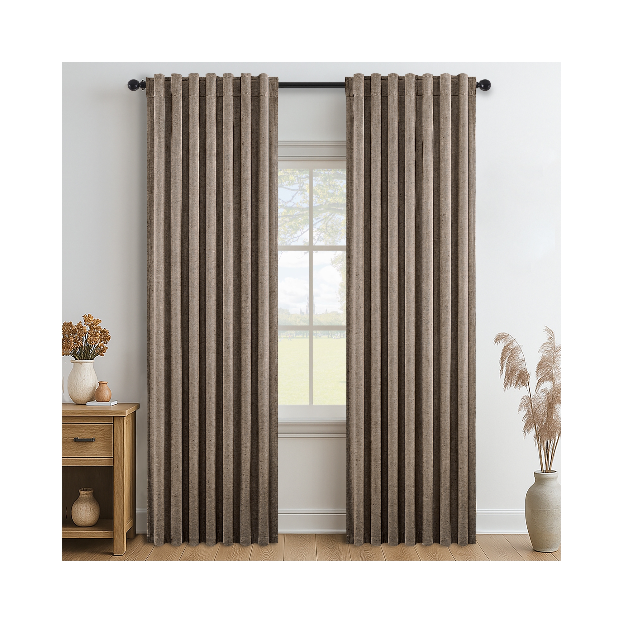 Dark Flax 100% Blackout Curtains & Drapes 84 Inch Length 2 Panels Set, Flax Linen Room Darkening Soundproof Curtains for Bedroom Living Room