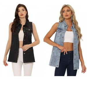 INSPIRE CHIC Women's Sleeveless Casual Button-Down Side Pockets Long Jean Vests 2 Packs - 1 of 4