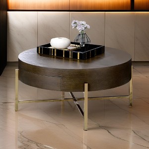Royal Hampton 1 Drawer Round Modern Coffee Table with Crossed Metal Legs, Brown and Gold - 1 of 4