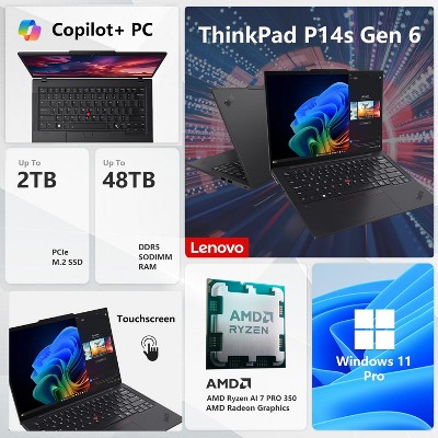 Lenovo ThinkPad P14s Gen 6, 14" FHD+ Touch, Ryzen AI 7 PRO 350, Radeon, 32GB DDR5, 1TB SSD, Wi-Fi 7, Win11 Pro, Black