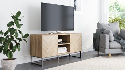 Reclaimed Oak and Matte Black Media Console with Herringbone Detail