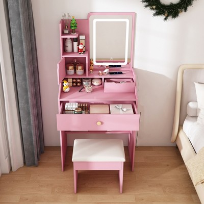 Vanity Desk with LED Mirror Lights and Power Outlet Charging Station, Makeup Dressing Table with Storage Stool