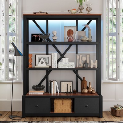 TIRAMISUBEST 3-Shelf Metal Bookcase with Drawers for Home Office, Open Bookcase, Vintage Industrial Style Bookcase with LED
