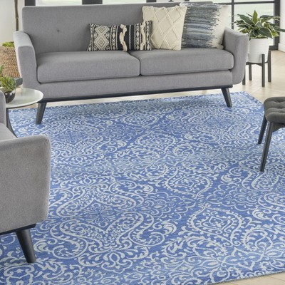 Waverly Blue Damask Washable Synthetic Area Rug, 8' x 10'