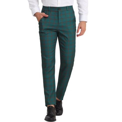 Unique Bargains Men's Plaid Pants Casual Slim Fit Flat Front Checked  Trousers 