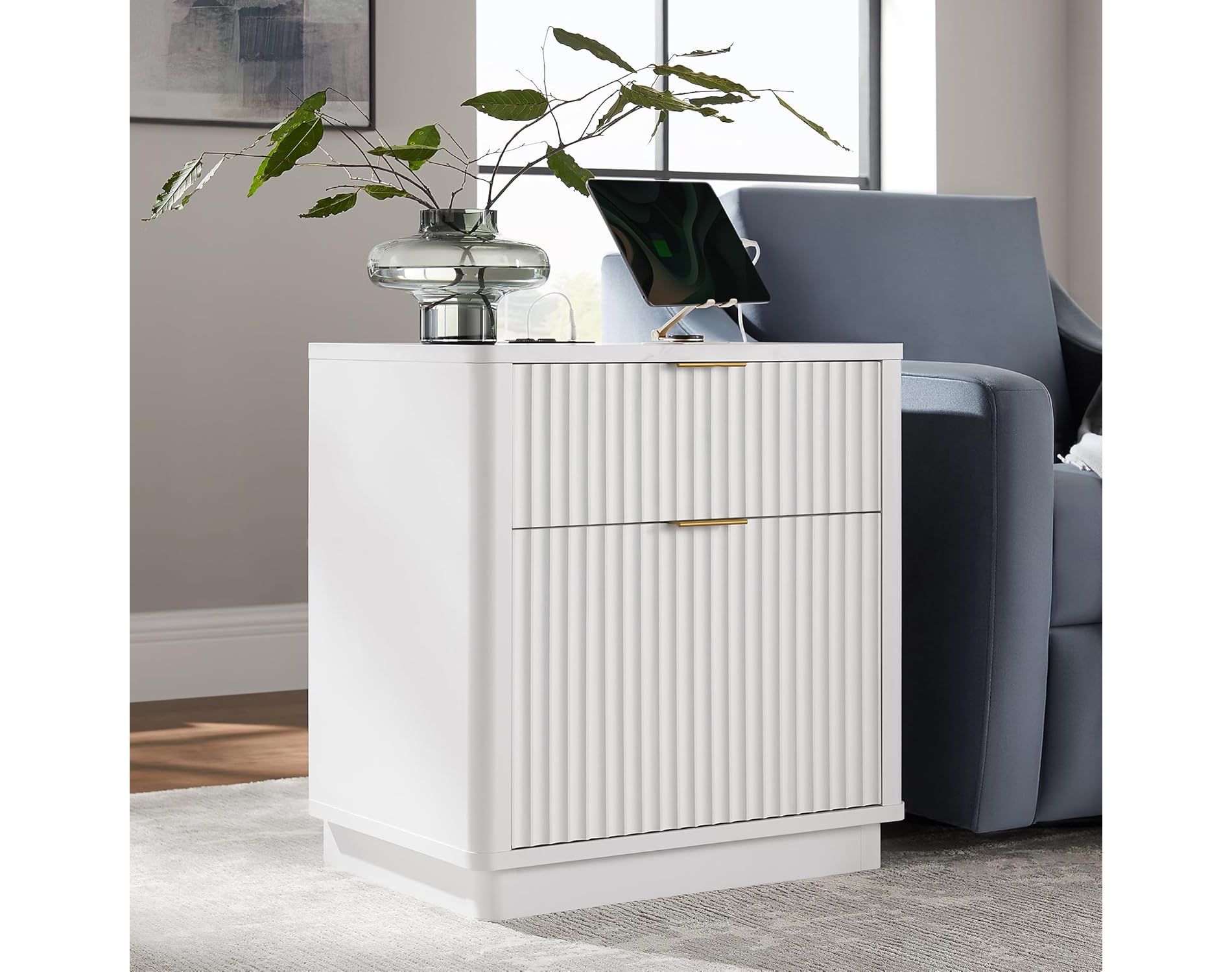 SinCiDo 23" Fluted Nightstand w/Charging Station, 2 Drawer Mid Century Modern End Table w/Storage for Bedroom & Living Room