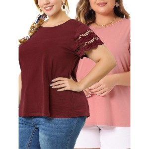 Agnes Orinda Women's Plus Size Crew Neck Lace Panel Short Sleeve Elegant Work Packs Blouses - 1 of 4