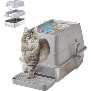 Large Stainless Steel Enclosed Cat Litter Box, High-Wall Dog-Proof with Flip-Top Lid, Removable Cover & Scooper, 17.32 in - 1 of 4