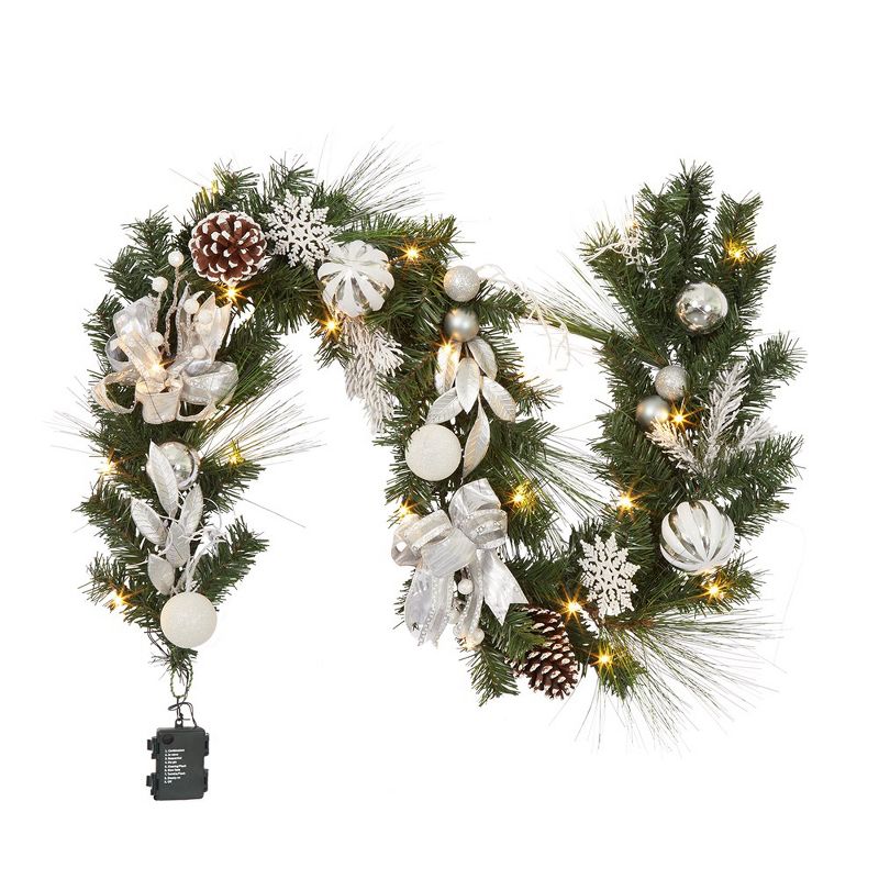 Christmas Garland with 20 LED Lights, 6 ft Pre-lit Silver White Xmas Garland with Timer, 1 of 6