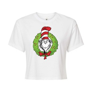 Women's The Cat in the Hat Cat Wreath Cropped Graphic T-Shirt - White - Medium - 1 of 4