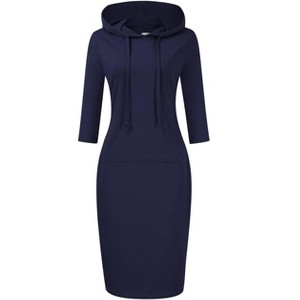 Women's Sweatshirt Dress 3/4 Sleeve Hoodie with Front Pocket Knee Length Slim Fit Pullover Hoodie Dress,Dark Blue - L - 1 of 4