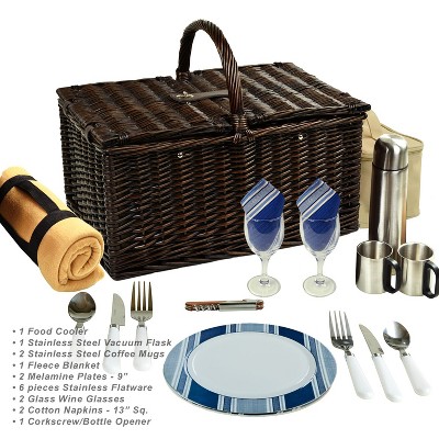 Handcrafted Brown Willow Picnic Basket with Blanket and Coffee Set