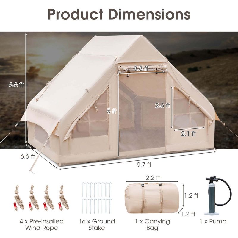 Costway Inflatable Camping Tent 2-6 People Cotton Glamping Tent for Family Camping, 3 of 11