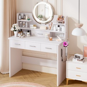 HYLEORY Vanity Desk with Mirror, Power Outlet and Light, Makeup Table with 3 Drawers,2 Color Modes Available for Bedroom - 1 of 4