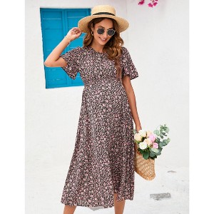 Women's Maternity Boho Ruffles Short Sleeve Dress Floral Smocked Scoop Neck Midi Dress for Baby Shower Photoshoot - 1 of 4