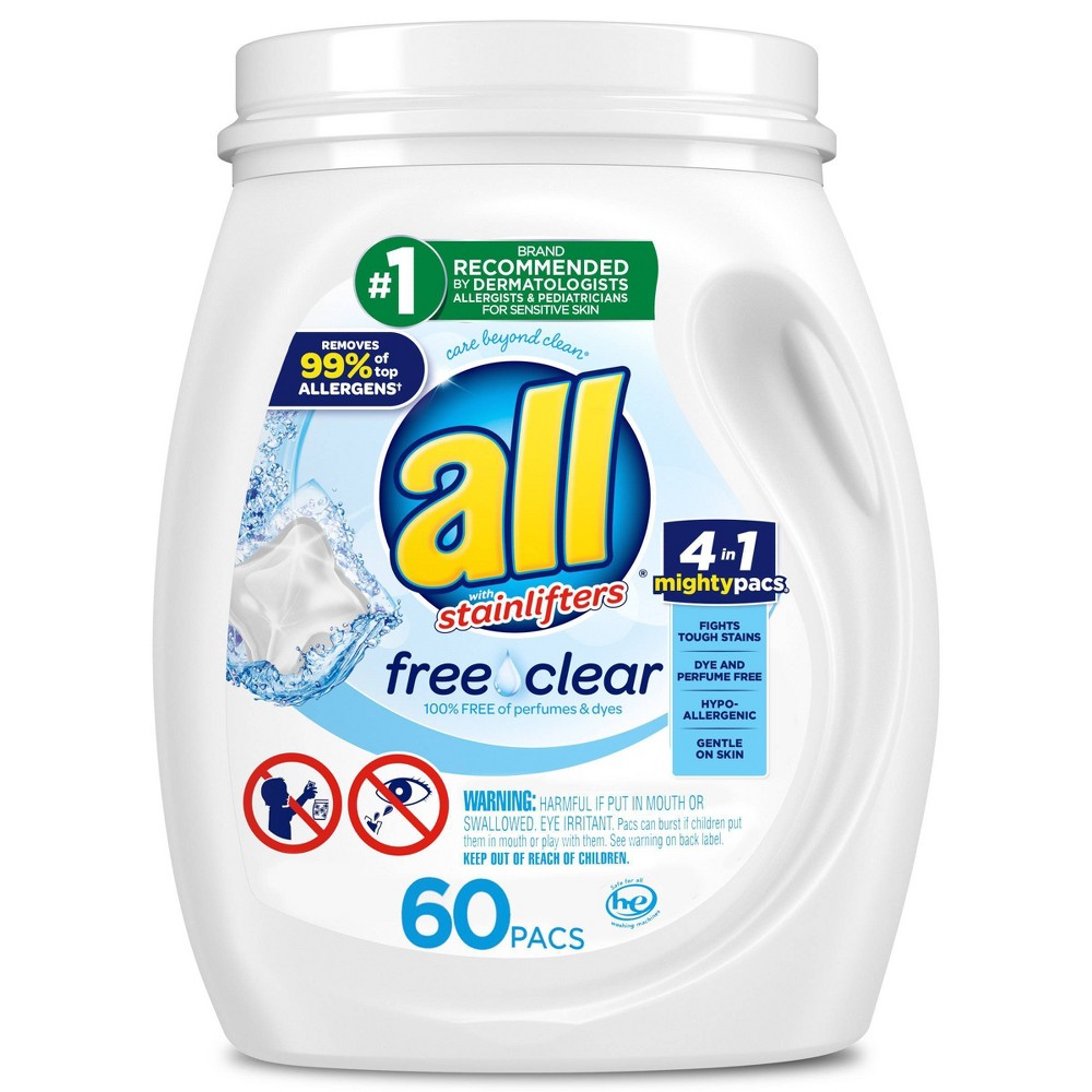 all Mighty Pacs Laundry Detergent Pacs, 60 Count, Free Clear for Sensitive Skin, Tub