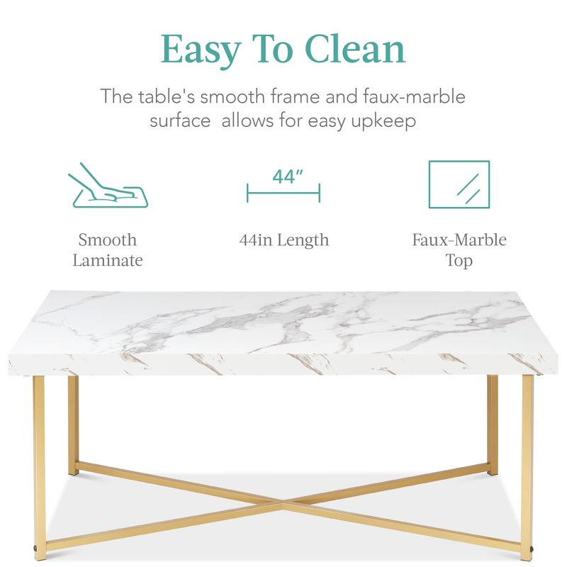 Best Choice Products 44in Rectangular Coffee Table, Living Room Accent Table w/ Faux Marble Top - White/ Bronze Gold, 4 of 8