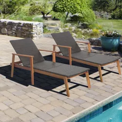 Costway 2PCS Patio Rattan Chaise Lounge Chair Recliner Back Adjustable Acacia Wood