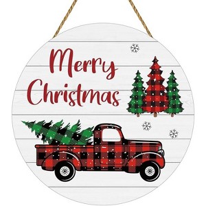 Lomsoe Christmas Decor Indoor Door Decor Merry Christmas Sign Buffalo Plaid Truck Tree Wall Decor Wooden Front Door Hanger Truck Tree Hanging Sign - 1 of 1
