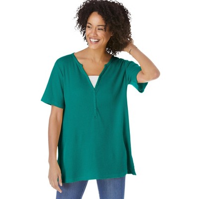 Woman Within Women's Plus Size Split-Neck Henley Thermal Tee