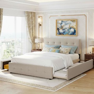 Polibi Queen Upholstered Platform Bed with Twin XL Trundle, Storage Drawers & Tufted Headboard, Beige - 1 of 4