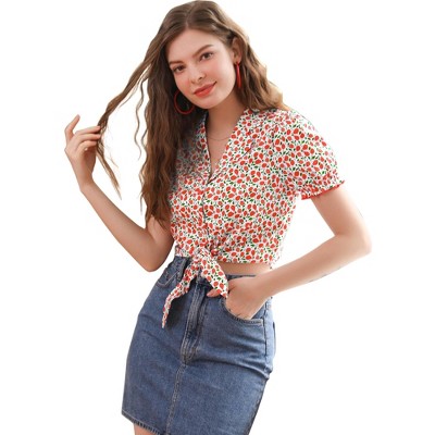 Allegra K Women's Printed Puff Sleeve Camp Collar Button Closure Knot Crop Tops