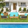 Tangkula 4PCS Patio Acacia Wood Furniture Set PE Rattan Conversation Set w/ Turquoise Cushions - 3 of 4