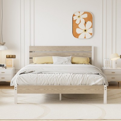 VECELO Platform Bed Frame With Rustic Vintage Wood Headboard and Footboard, Sturdy Metal Slats, No Box Spring Required
