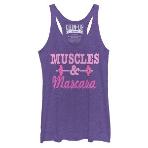 Women's CHIN UP Barbell Muscles and Mascara Racerback Tank Top - 1 of 3